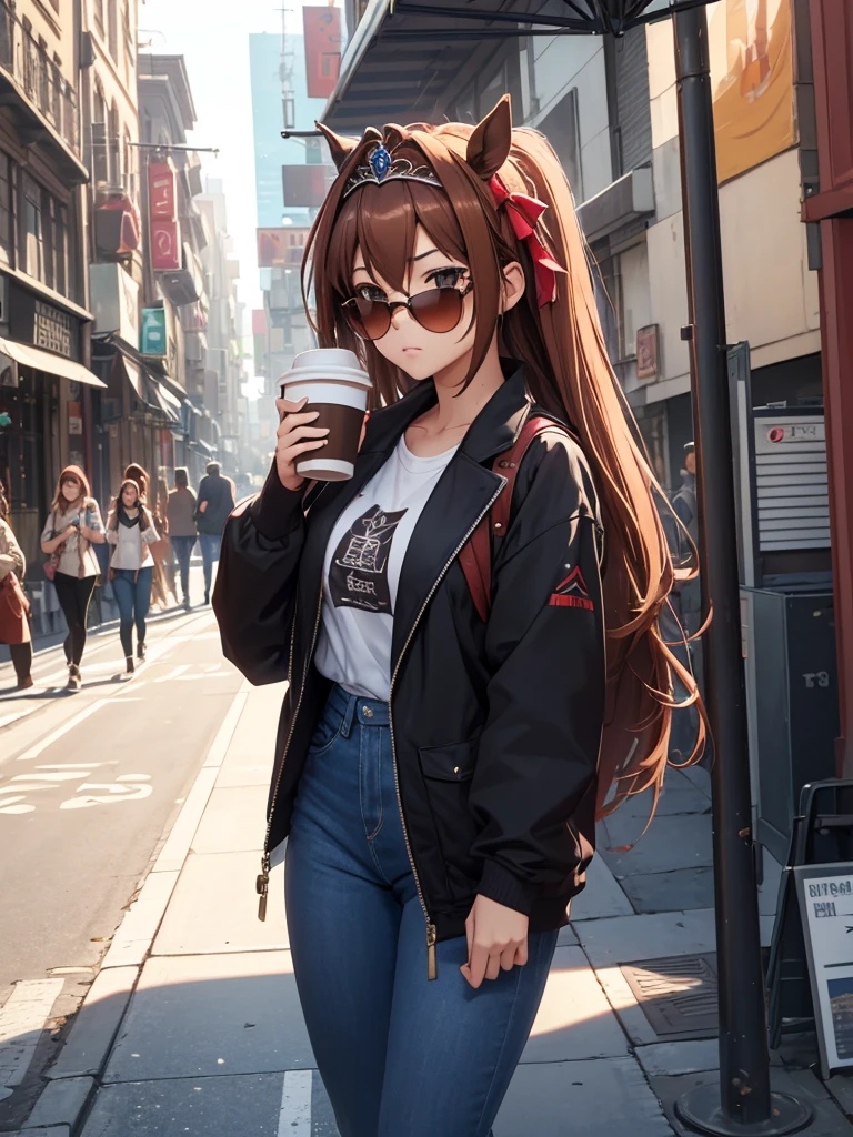 (​masterpiece、top-quality、hight resolution、Unity 8k、extremely details CG:1,Best Picture), daiwa scarlet(umamusume), animal ears, brown hair, horse girl, ((Tiara)), "A porn star on a typical weekday, dressed casually with minimal makeup, wearing a pair of large disguise sunglasses, strolling through a city street. The surroundings are urban with people passing by, and she is carrying a coffee cup. The atmosphere is relaxed, yet there’s a hint of anonymity as she tries to blend in. The focus is on her sunglasses, which slightly conceal her identity, but she still exudes an aura of confidence and poise."