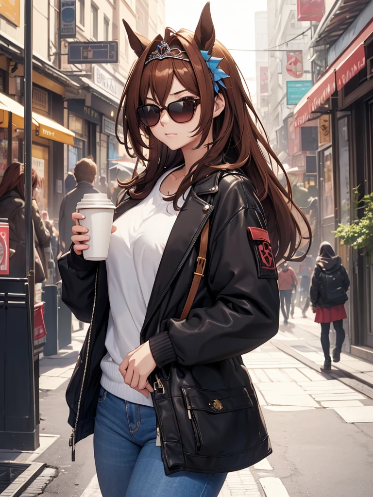 (masterpiece, Best Quality, ultra-detailed, high resolution, extremely detailed CG, official art, Professional Lighting, Perfect Anatomy, anime colors), (from below), looking at viewer, cowboy shot, perfect body, a 24yo beautiful girl, sidelocks, hairband, earrings,medium hips, glamorous body,a small face,beautiful-makeup,Makeup light,dark brown hair, Amazing Cleavage, thin waist, cute ass, Raised sexy, small breast: 1.2 posed cleavage:1.2, (off shoulders,Denimbra,legginullnude), micro denim shorts, bare legs, nail_polish, pale skin, Waiting friend, (morning:1.5), tokyo, (convenience store:1.3), outdoor, (depth of field:1.3), contrapposto, (Hold a coffee in your hand:1.3),delicate beautiful face, Bright blue eyes, cute eyes, sparkling eyes, Big eyes, (perky chest:1.1), (pointed chest:1.3), looking at viewer,