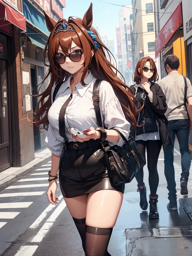 (masterpiece、top-quality、hight resolution、Unity 8k、extremely details CG:1,Best Picture), daiwa scarlet(umamusume), animal ears, brown hair, horse girl, ((Tiara)), "A porn star on a typical weekday, dressed casually with minimal makeup, wearing a pair of large disguise sunglasses, strolling through a city street. The surroundings are urban with people passing by, and she is carrying a coffee cup. The atmosphere is relaxed, yet there’s a hint of anonymity as she tries to blend in. The focus is on her sunglasses, which slightly conceal her identity, but she still exudes an aura of confidence and poise."