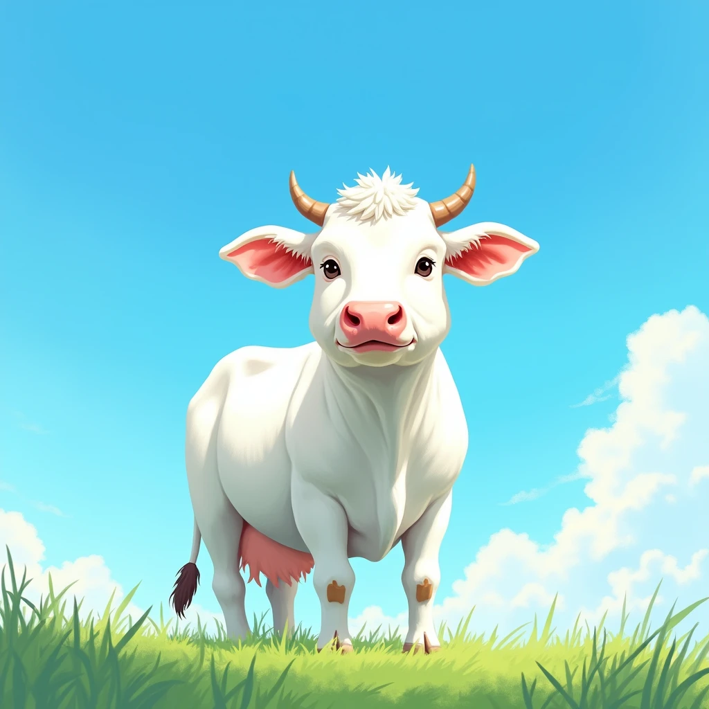 minimalistic Digital illustration, in loose exaggerated wild flat brushstrokes, using vibrant pastel colors, (( The vast blue sky takes most of the image, extreme close up of a innocent larger than life white cow in serene green grasslands, in anime style )) , hand drawn ANIME Sketch art style, dark fantasy, white coarse background, highly detailed, painting, highest resolution, digital illustration created using CORAL DRAW, 3d rendered.