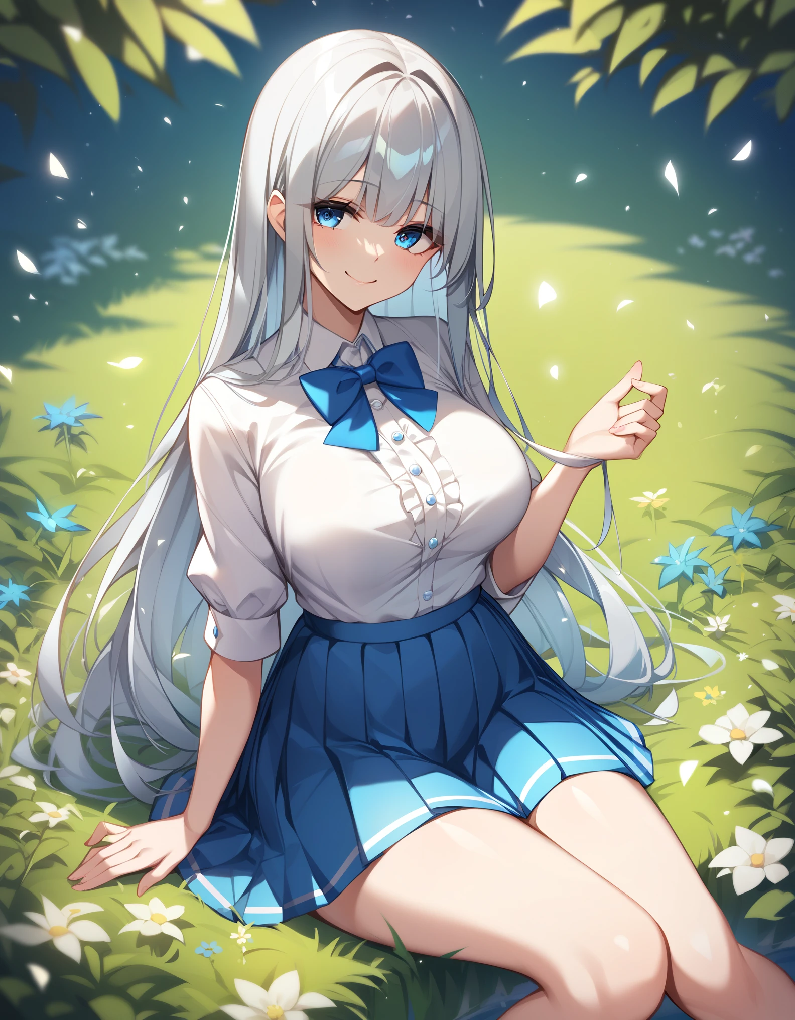 1 girl, ((Girl is curvy, beautiful and tall)), ((silver blue ombre hair))((Long hair))((Bang)), ((blue eyes)), ((Girl wears long sleeved white blouse, blue bowtie, short blue pleated skirt)), ((Grass yard, sitting)), looking at viewer, smiling warmly, BREAK (masterpiece:1.2), best quality, high resolution, unity 8k wallpaper, (illustration:1.3), (beautiful detailed eyes:1.2), extremely detailed face, perfect lighting, extremely detailed CG, (perfect hands, perfect anatomy, (SuperQuality:1.0) ~ (SuperQuality:1.4)