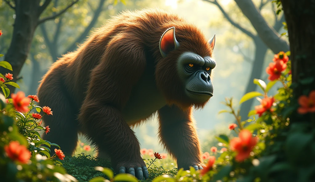 There is a wild beast in the osmanthus forest,It is shaped like a brown ape with white ears.,Walking upright(best quality,4K,8k,High level,masterpiece:1.2),Ultra Detailed,(lifelike,Photo real,Photo real:1.37)