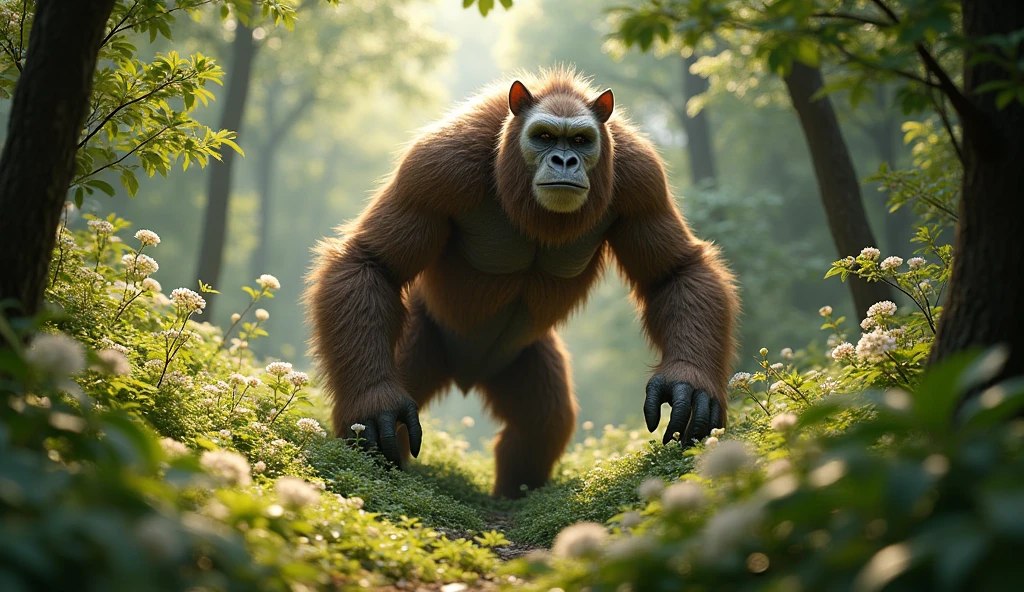 There is a wild beast in the osmanthus forest,It is shaped like a brown ape with white ears.,Walking upright(best quality,4K,8k,High level,masterpiece:1.2),Ultra Detailed,(lifelike,Photo real,Photo real:1.37)