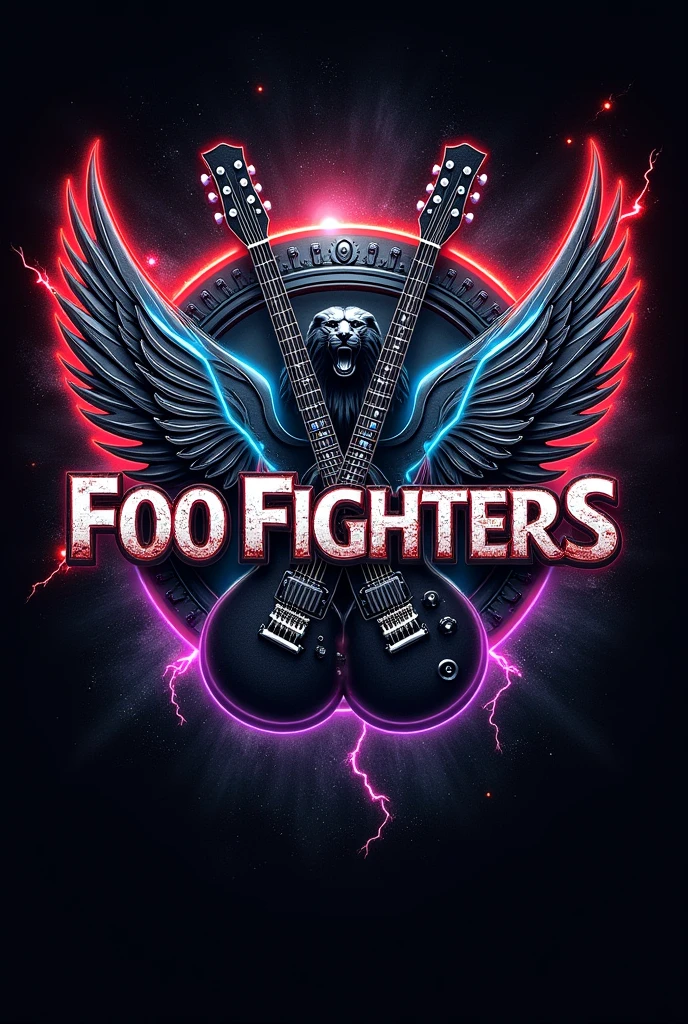 "Craft a legendary, high-octane logo for the band 'Foo Fighters' that embodies the rebellious spirit of rock and roll with a futuristic, cutting-edge flair. Make the background transparent and removal.  The design should be bold, dynamic, and unmistakably powerful, featuring a rugged, distressed font with a heavy, industrial feel, as if forged from steel. Use a dark, moody color palette of deep black, blood-red, and gunmetal silver, with electrifying accents of neon blue and vibrant purple for an explosive contrast. Incorporate iconic rock elements like a pair of electric guitars, crossed like a coat of arms, with lightning bolts shooting out from their strings, enveloping the name 'Foo Fighters' in a blaze of energy. Add intricate details like metallic wings unfurling from the sides, symbolizing freedom and power, or a fierce, roaring lion or eagle subtly etched behind the text to represent strength and dominance. For the background, consider a dynamic explosion of grunge textures mixed with cosmic elements like stars, nebulae, or a burst of light, creating a sense of otherworldly energy. Layer in subtle, high-tech circuitry patterns or gears to hint at a futuristic edge, blending the raw, untamed energy of rock with a sleek, modern vibe. Add depth with 3D effects, shadowing, and metallic reflections, making the logo leap off the page with intensity.

The final design should be nothing short of epic—an unforgettable emblem that captures the raw power, relentless energy, and timeless appeal of the Foo Fighters, making it an instant classic in the world of rock music." 