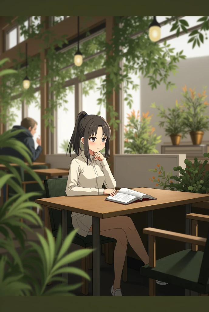 anime girl sitting in a chair reading a book in a garden, (ponytail forehead hair pulled back:1.3), (black hair:1.3), sitting in a cafe alone, mysterious coffee shop, sitting alone in a cafe, relaxing concept art, anime style, from girls frontline, fine details. girls frontline, girls frontline universe, girls frontline style, girls frontline, girls frontline cg, soft anime illustration, 2 0 2 2 anime style, 2022 anime style, pixiv contest winner, pretty anime character design, render of april