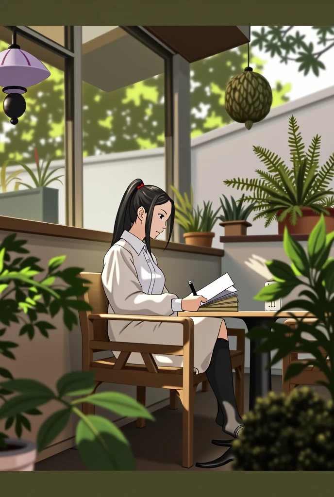 anime girl sitting in a chair reading a book in a garden, (ponytail forehead hair pulled back:1.3), (black hair:1.3), sitting in a cafe alone, mysterious coffee shop, sitting alone in a cafe, relaxing concept art, anime style, from girls frontline, fine details. girls frontline, girls frontline universe, girls frontline style, girls frontline, girls frontline cg, soft anime illustration, 2 0 2 2 anime style, 2022 anime style, pixiv contest winner, pretty anime character design, render of april