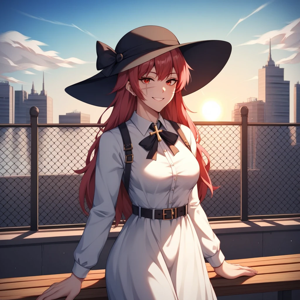 cross, hat, 1 girl, One, direction, Scar on face, yellow / Red eyes, eyes with rings, , sundress dress, White shirt, tape, long sleeves, belt, sexy detailed face, I look at the lower left corner, evil smile, on the roof of the school, planters, benches, chain link fence, daylight, blue sky, city, Sun Ray, beautiful lighting, shadows, Traced Beam, very aesthetic, Best quality, uniform, gradient на заднем плане, gradient, военная hat, pointed hat, upper body, cross-наcross, железный cross