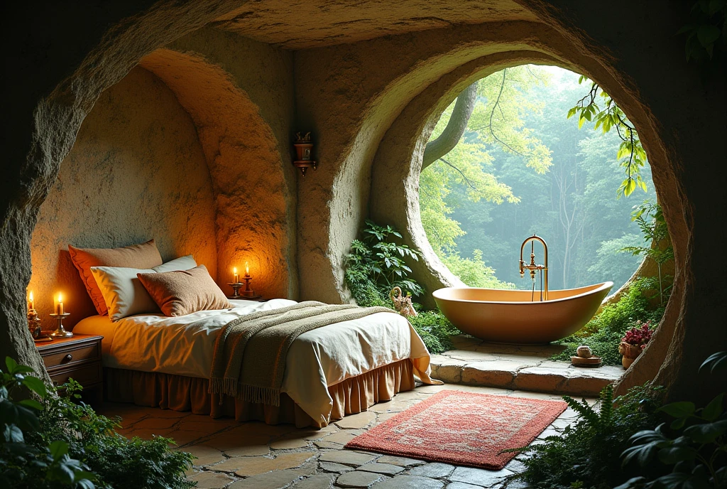 a picture of a cave and a bed in the background, interior of a hobbit hole, inside a medieval hobbit home, cozy place, in his hobbit home, cozy bathhouse hidden in a cave, cosy enchanted scene, cozy treehouse bedroom, cozy and peaceful atmosphere, magical cave, nestled in a forest, relaxing environment, beautiful fantasy cave scene, cozy environment, magical dream-like atmosphere, hobbit hole, elves house, soothing and cozy landscape, cozy atmosphere, magical environment, hobbit monastery on hawaii