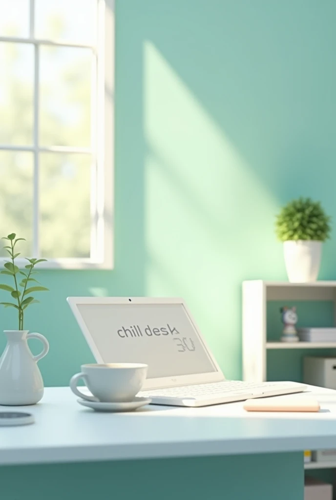 A creative and minimalist image featuring the phrase 'chill desk' prominently displayed. The text is written in a smooth, modern font, with a calm and soothing color palette like pastel blues, greens, and soft neutrals. The background shows a simple, organized desk setup with a laptop, coffee cup, and a small plant, all bathed in soft, natural light. The overall vibe should feel relaxed and peaceful, encouraging a sense of productivity and tranquility.