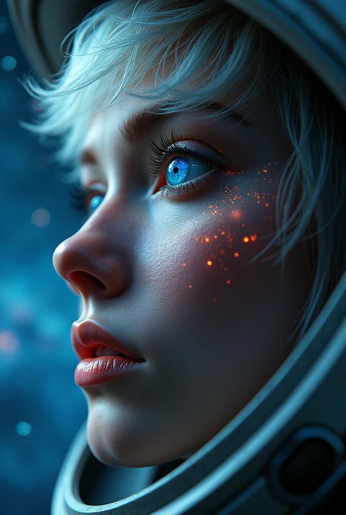 (Close-up of a better masterpiece:1.5)0.9], (Space and astronauts:1.2) (Messy silver hair:1.1) (Heterochromia xanthochromia and blue eyes:1.2) (Space Helmet:1.0) (Colored stars in the eyes:1.0) (A radiant glow:1.1) (thick lips:0.9)