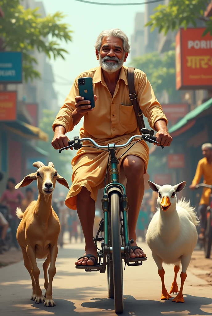 Indian man with cycle and having I phone with goat and duck