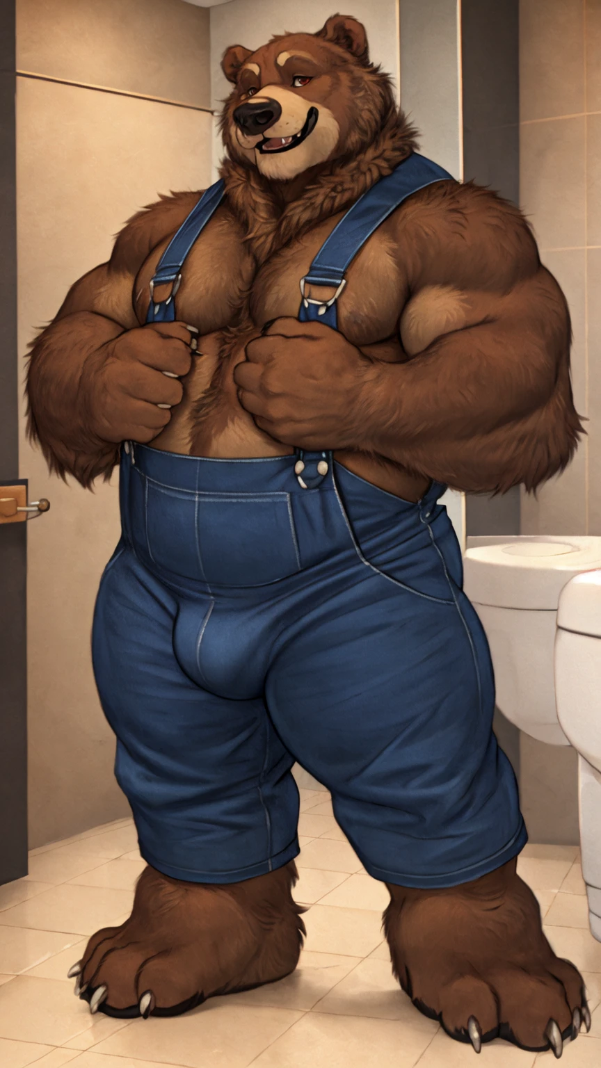 antro( by the little bear :old bear_rusty), red scarf, (Old bear in  smile ), old daddy , obese and muscular , naked, bathroom background, ultra detailed, pose natural, (voluminous:1.3) body_sexy , standing, by honovy, correct claws in five of paws in dark , manly, Bulge, fur in brown, claws in five, blue overalls, nice nose_dark brown, bathroom