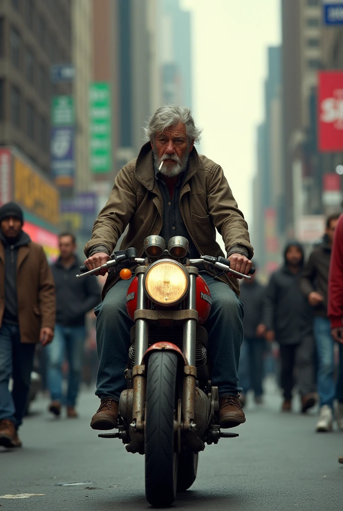 Begger with cigerette  travel bucati bike in new york city  people are watching him