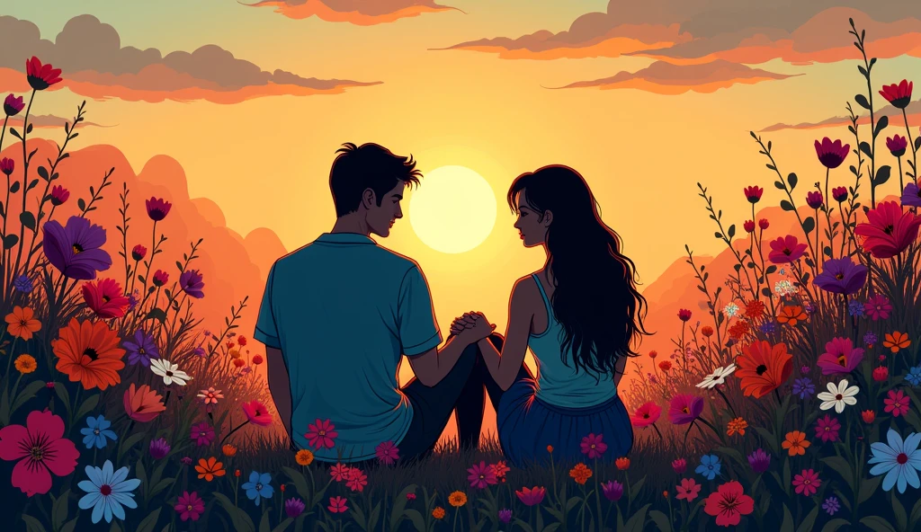 A man and a woman couple holding hands on the ground at dusk, colorful flowers, a perspective from behind, modern art