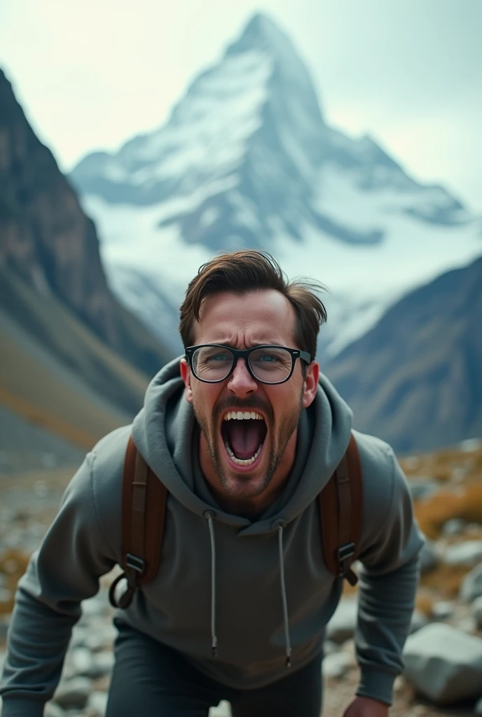 person with glasses in mountains screaming motivated