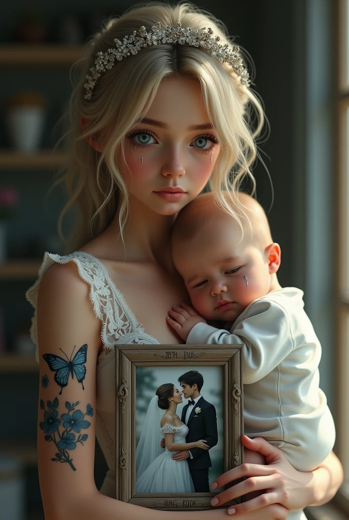 Generate me a photo of a blonde, blue-eyed Argentinian girl with noticeable tears in her eyes, a crying butterfly tattoo, holding with one of her arms a  with blonde hair, blue eyes and a face similar to Jimin&#39;s hugging a photograph where a young man with white skin, Jung Kook style, is shown hugging her. She is dressed as a bride in the photo and he is wearing an elegant suit at his wedding in the photo with the name Zeth and Azul engraved on the frame of the picture.
