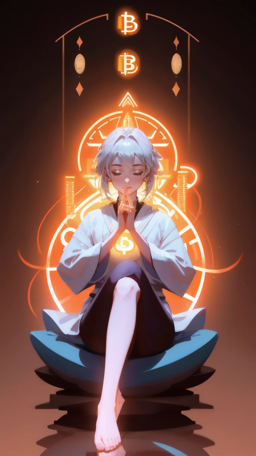 Create an image of a futuristic figure meditating in the lotus position, legs crossed with feet resting on opposite thighs, surrounded by glowing cryptocurrency symbols like Bitcoin, set against a brown background. The figure's hands rest on their knees, with palms facing upward, fingers forming a mudra (thumb and index finger touching). The scene should evoke a sense of calm and focus, blending the concepts of financial stability and digital enlightenment. Keywords: 'DeFi Yield Yoga,' meditation, cryptocurrency, digital zen.
