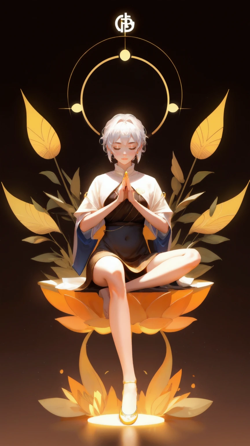 Create an image of a futuristic figure meditating in the lotus position, legs crossed with feet resting on opposite thighs, surrounded by glowing cryptocurrency symbols like Bitcoin, set against a brown background. The figure's hands rest on their knees, with palms facing upward, fingers forming a mudra (thumb and index finger touching). The scene should evoke a sense of calm and focus, blending the concepts of financial stability and digital enlightenment. Keywords: 'DeFi Yield Yoga,' meditation, cryptocurrency, digital zen.