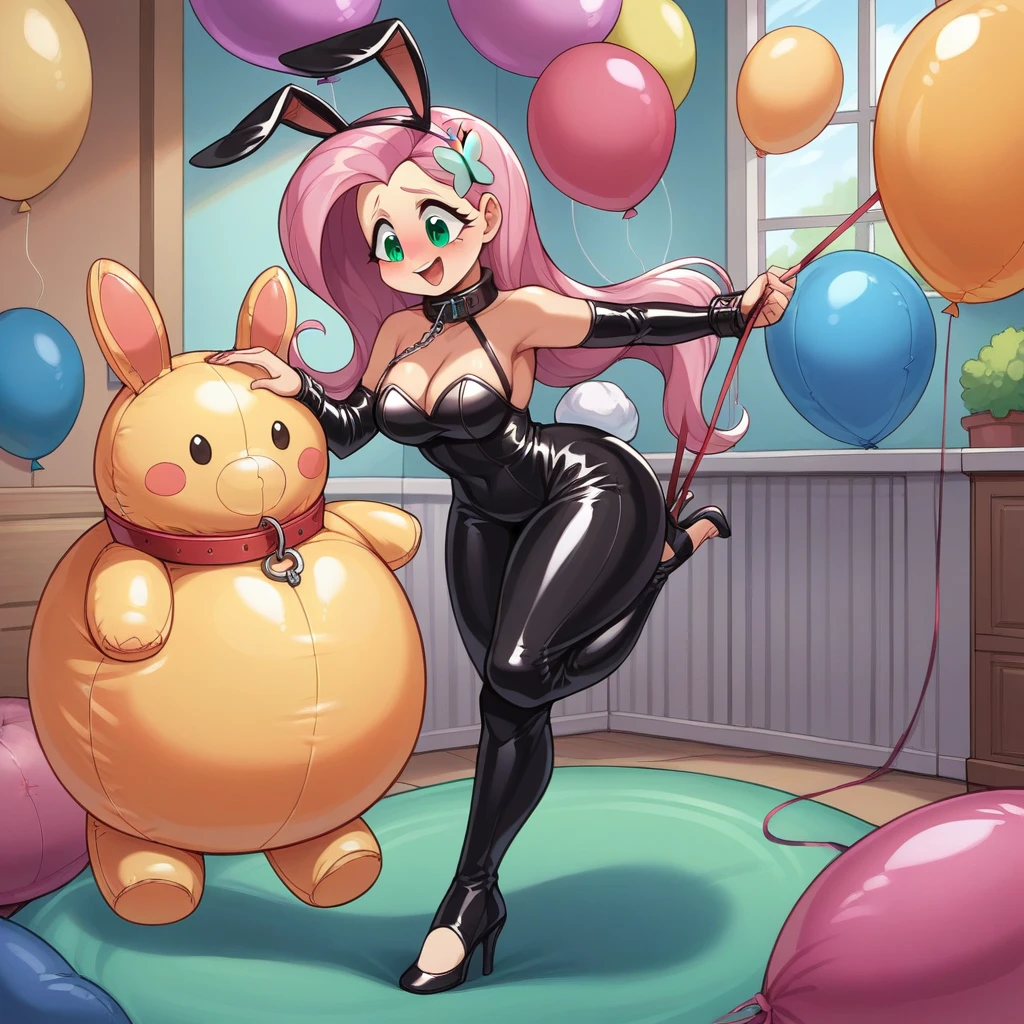 BDSM, colorful balloons, balloon , inflatables, looner, femdom mistress dominatrix mlpfluttershy in black latex dress and high heels walking the slave leash, slave in inble latex suit with inflatable collar trapped inside hinflatable balloon, feet worship, medium naked thighs, medium breasts, hair ornament, fake bunny ears, perfect feet, perfect face, balloons everywhere, huge inflatable toys around, inside inflatable room, inflatable balloon bondage, pear type of body shape