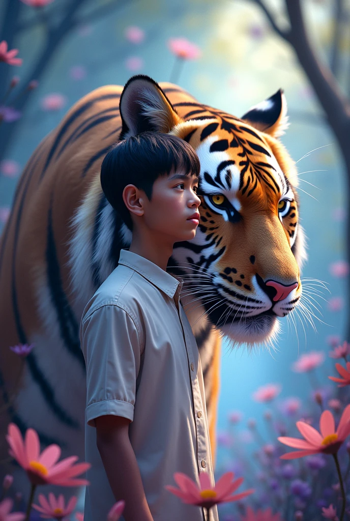 a young man from Indonesia with light skin, neat short hair, wearing a shirt, with a tiger, Niji's vision, high quality