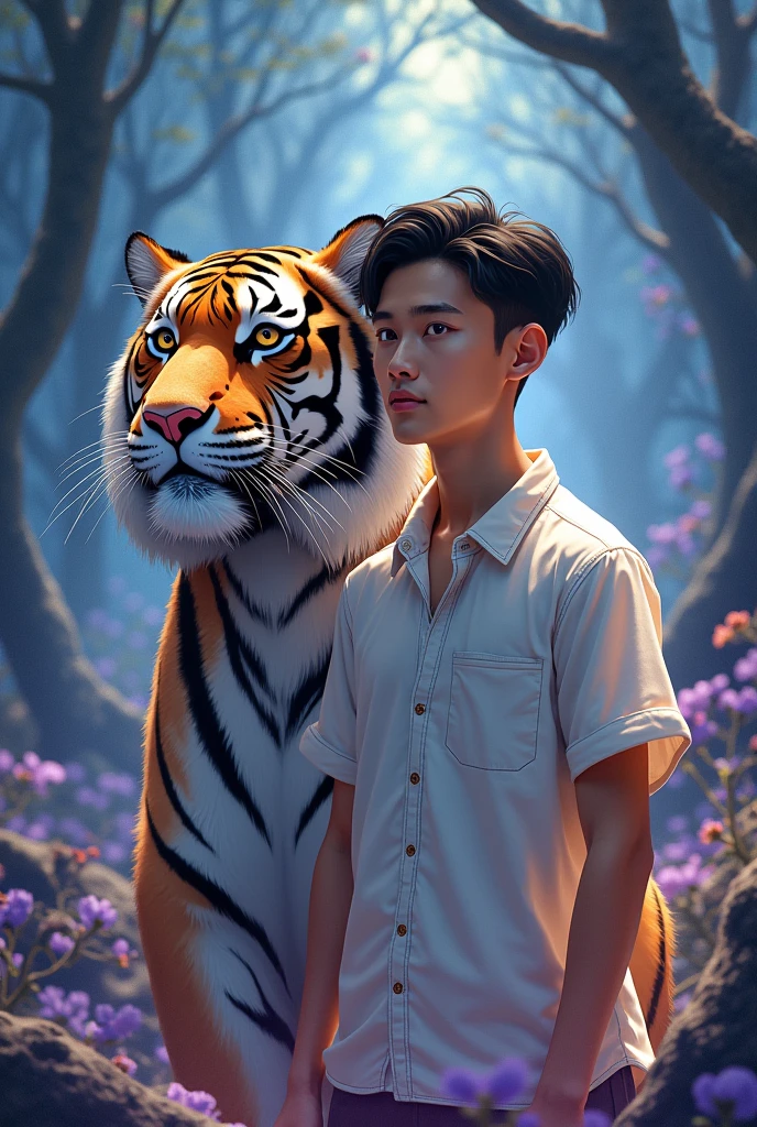 a young man from Indonesia with light skin, neat short hair, wearing a shirt, with a tiger, Niji's vision, high quality