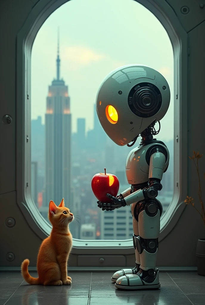 2079,A robot holding a bitten apple,Thoughtful,A small orange cat squatted quietly at my feet,Outside the window is a vast space immigrant city,Surrealism,Long shot,Low angle shot,Upward Shot,Strong sense of art,Movie Lighting,Delicate matte、Dark、Fantasy、Intricate details、Startup Screen、Complementary colors、Fantasy概念艺术、8k resolution is popular on Artstation Unreal Engine 5,Complex 3D rendering,150mm lens,
