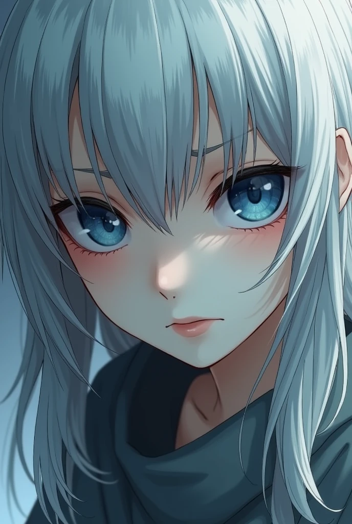 juvenile、blue eyes、young、sad、lonely、Grim expression、Close-up of face、beautiful、neutral、Long eyelashes、Straight nose、White skin、Gray Hair、Long Hair、Staring at the audience、Facing left、