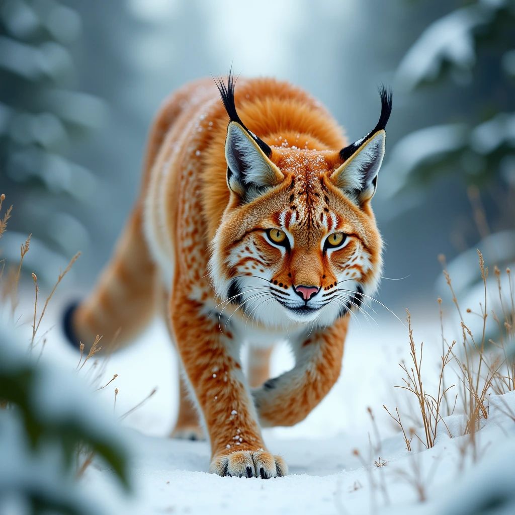 an orange lynx in a snowy environment, high resolution, HDR, subtle lush green element to the image 