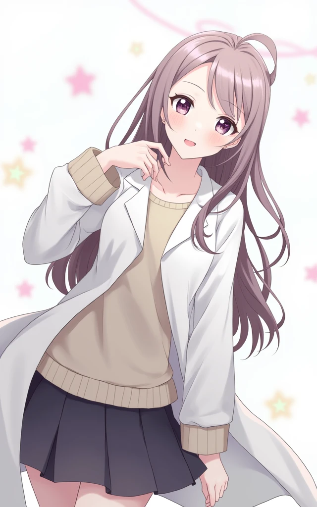 anime girl with brown hair and a sweater with labcoat and black skirt, (hair swept bangs:1.3), (long brown hair:1.3), doctor girl, anime style, from girls frontline, fine details. girls frontline, girls frontline universe, girls frontline style, girls frontline, girls frontline cg, soft anime illustration, 2 0 2 2 anime style, 2022 anime style, pixiv contest winner, pretty anime character design, render of april