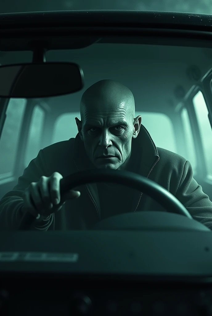 A man drives a car with a creepy pale face