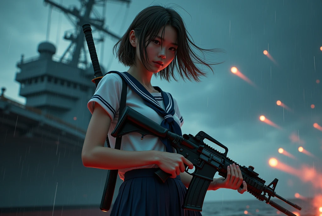 Browsing Caution:-2, (Highest quality:1.37), 32K resolution, (Realistic:1.37), (Ultra-realistic:1.37), High resolution UHD, Realistic, Beautiful Army, (Has an assault rifle:1.37), (Assault rifle in front of you:1.37), Photorealistic, Highly realistic photos, Anatomically correct5Finger, from side:1.21, Above the knee shot, Close your lips, Wet clothes:1.5, Wet Skin:1.5, Wet Hair:1.5, Dark red blood flows from the body:1.37, Portrait of a Japan woman:1.21, School uniforms, Sailor uniforms from famous Tokyo Metropolitan High Schools, Short sleeve clothing, Short-sleeved sailor uniform:1.21, sera fuku:1.21, The upper body is wearing a uniform:1.21, Navy blue micro skirt, With a Japanese sword on his back;1.21, Brown Hair, short hair, Beautiful hair blowing in the wind, I'm on an aircraft carrier, On board an aircraft carrier at night, Stand on deck, (The bridge can be seen in the background:1.21), (Anti-submarine helicopter destroyer:1.21), Night pouring rain:1.37, In the storm at night:1.21, In a storm:1.21, Invasion of the enemy:1.21, Countless tracer bullets glowing in the sky:1.21, Students in the 1970s, Cute Japanese woman's face:1.21, Beautiful Japanese woman face:1.21, Sharp eyebrows:1.37, Anxious face, White skin:1.21, Fine skin, Glowing Skin:1.21, Serene Photos, Retro Photography, Dynamic and cinematic lighting,