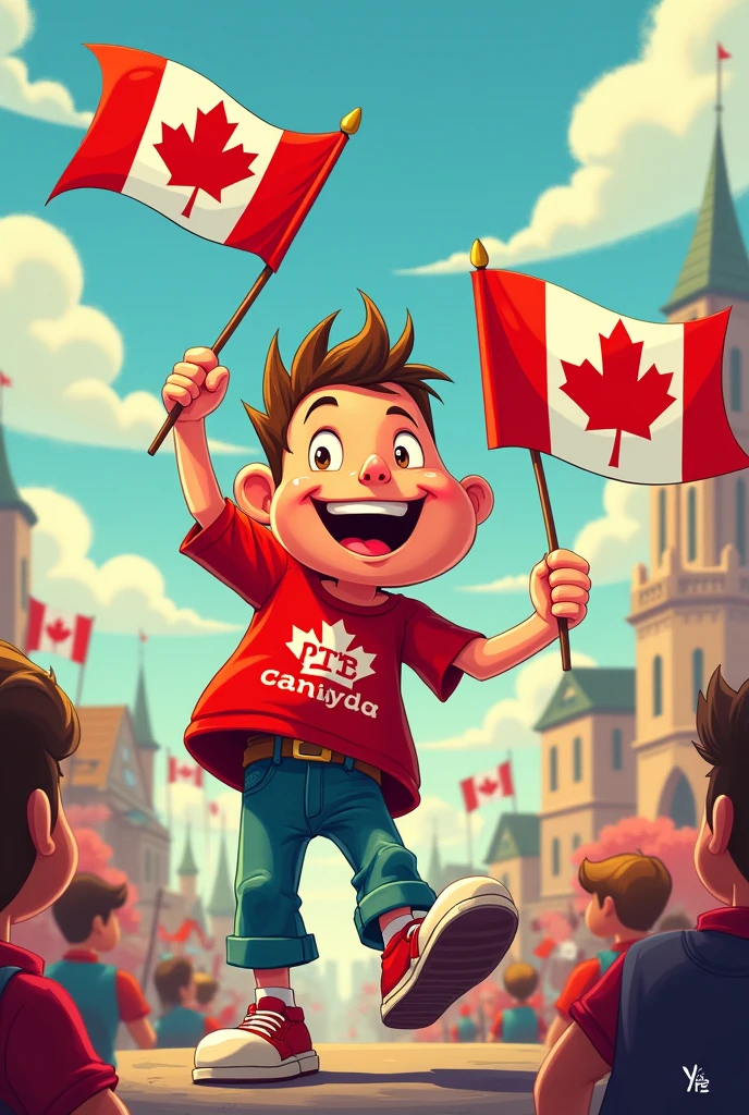 Cartoon hold on canadian
 flags