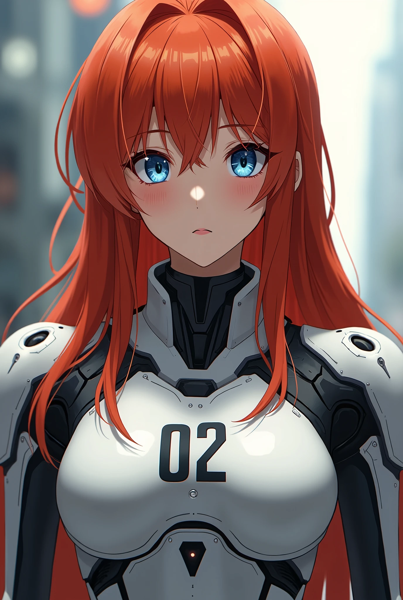 Asuka Langley, realist, long red hair, blue eyes, freckles on cheek, Red exosuit very close to the number 02 in black between the breasts, real image
