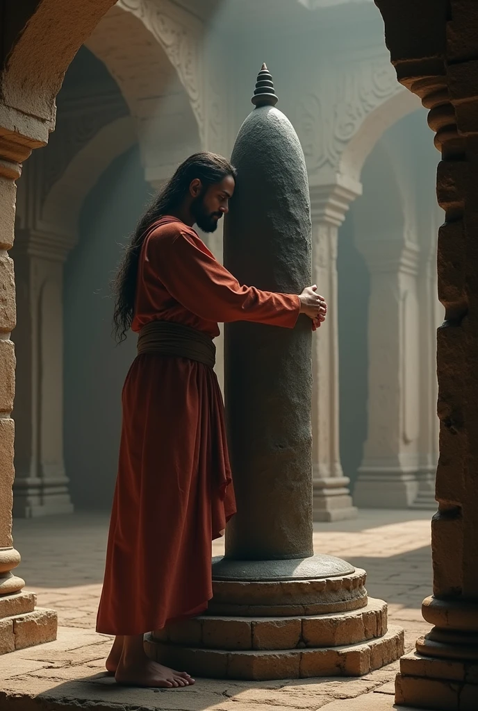 A historical shiv temple where a son of bharman is hugging shivling of god shiva