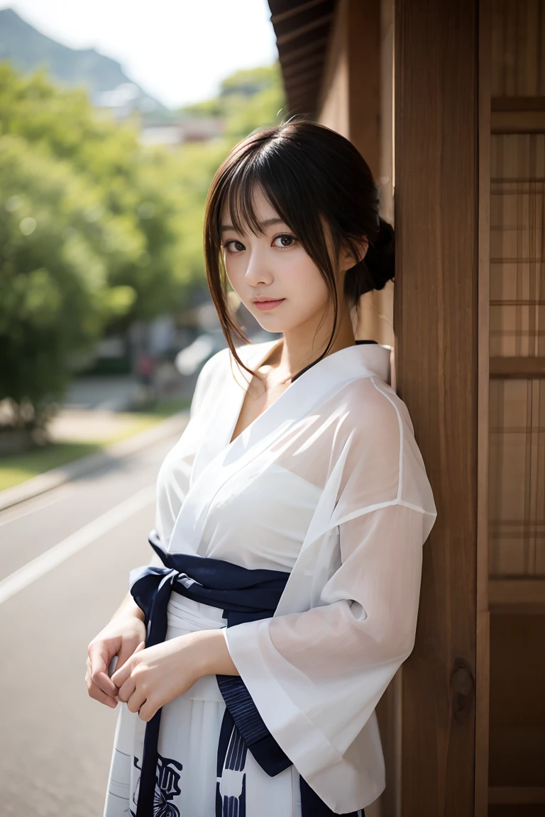 masterpiece, Highest quality，16K, Ultra-high resolution，The light and shadow of reality，Cinema Lenses，((Very skinny))、((Her waist is so slim and beautiful)),((High nose、Small Mouth)),((Clean and slim face line)),((Big dark eyes with long eyelashes)),((Very small face))((Very slim and beautiful arms)),((She is very slim and has a great figure)),((Pure white beautiful skin)),((Cute Japanese Girls)),(((Wearing a black long-sleeved yukata))),((Sitting on a bench in a stylish cafe)),（Sexy pose),(Beautiful Eyes:1.1)，Reflecting clear eyes and a gentle smile,