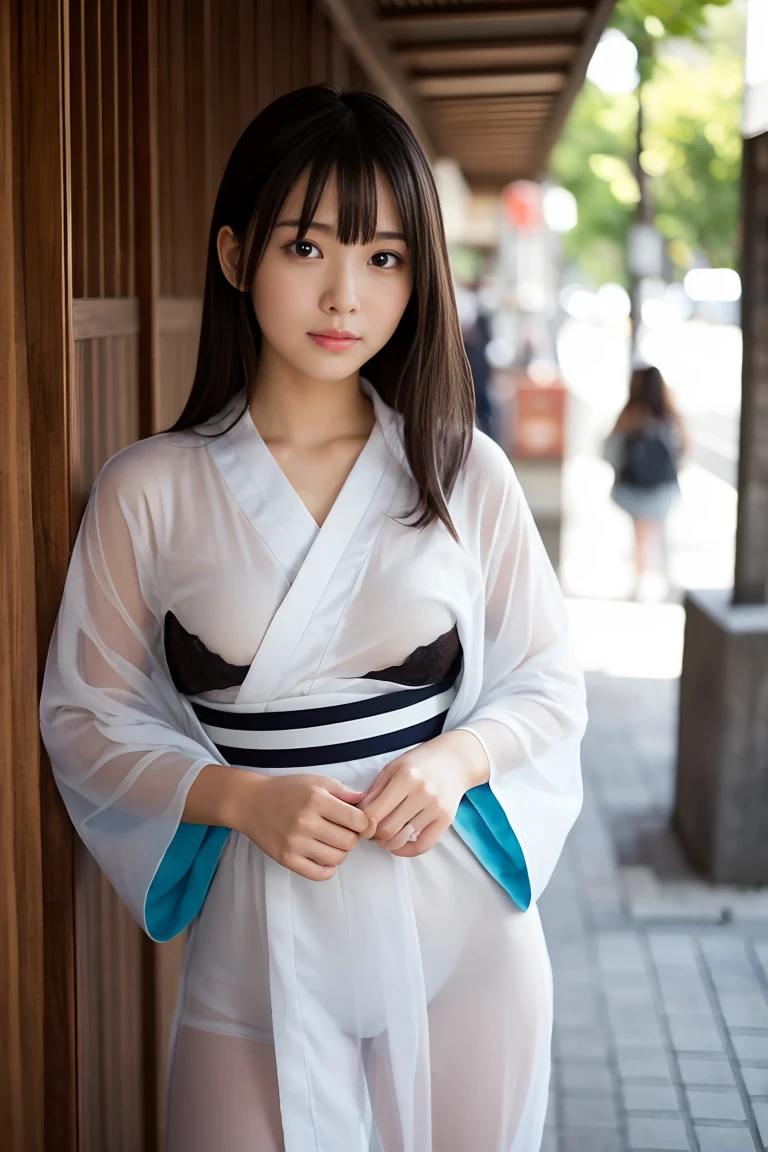 A beautiful girl wearing a see-through yukata、Pure white yukata、The yukata is still on.、You can see through your skin