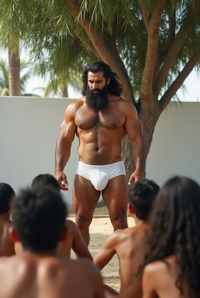 Big hairy bearded strong muscular Persian teacher standing in white underwear, teaching a group of boys sitting against a white wall with a large tree in the background.