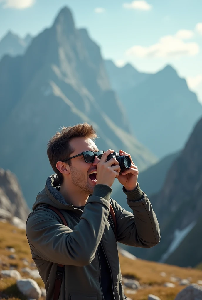 person with glasses in mountains screaming motivated taking photo from far away