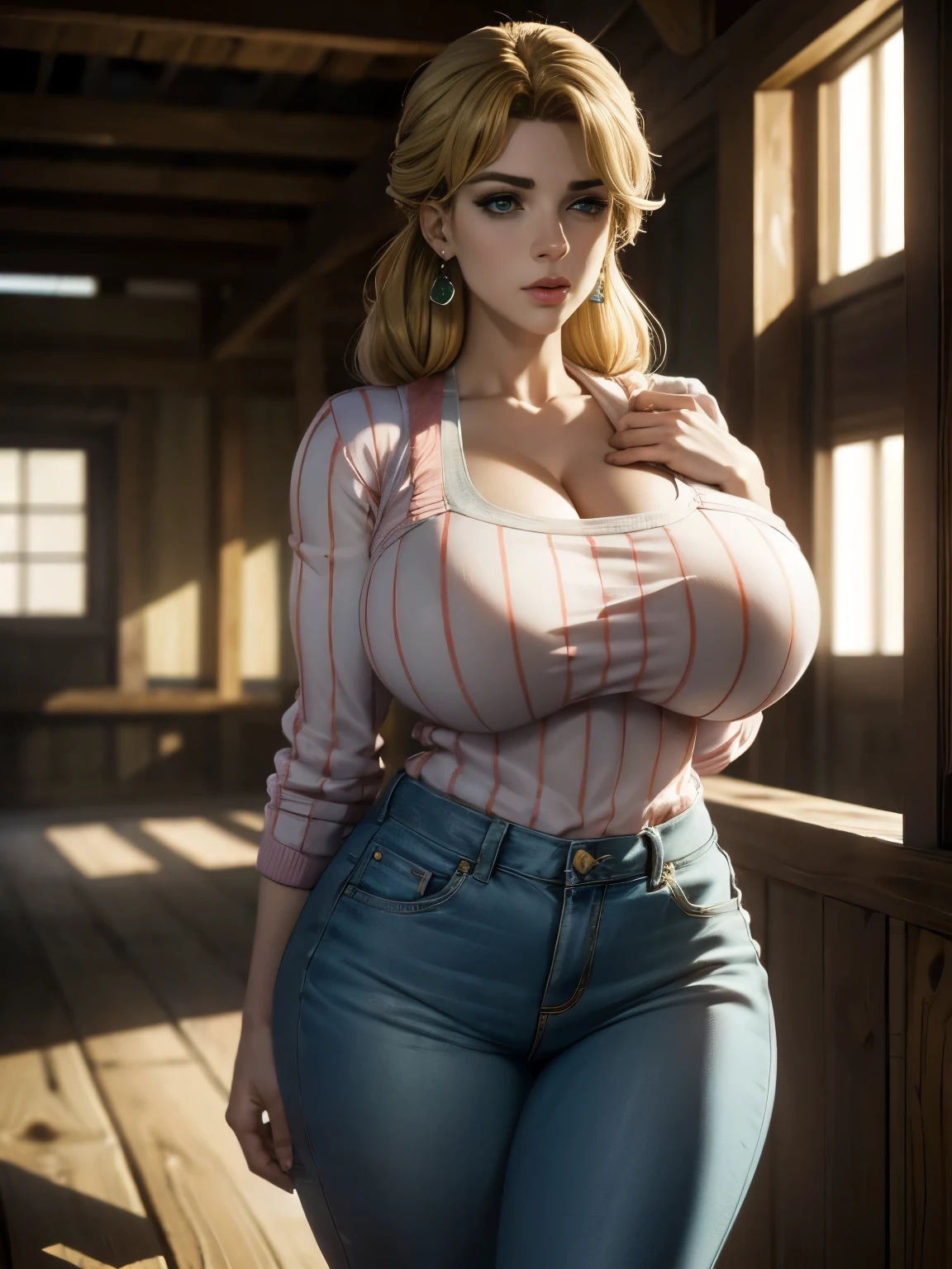 (masterpiece, best quality:1.2), 16k HDR, high resolution, professional lighting, cinematic lighting, RAW photo, hyper realistic photo, 1girl, solo, ultra realistic portrait of Holy Kujo, (Jojo' Bizarre Adventure), blonde hair, green eyes, wrinkles, double eyelids), (interior of realistic & detailed abandoned barn, farms), (pink & white stripe, long sleeve, sweater, apron on sweater, long jeans pants), ((((ultra huge tits, ultra huge boob, ultra huge breasts, ultra huge cleavages)))), (ultra slim waist, perfect slim body style), standing, 