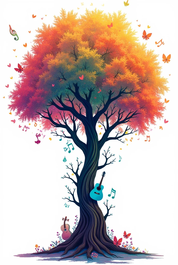 Generate 1. **Nature's Symphony**: A vibrant design featuring a tree with musical notes as leaves, blending nature and music. The trunk could be made of intertwined instruments like guitars and violins.with a white background