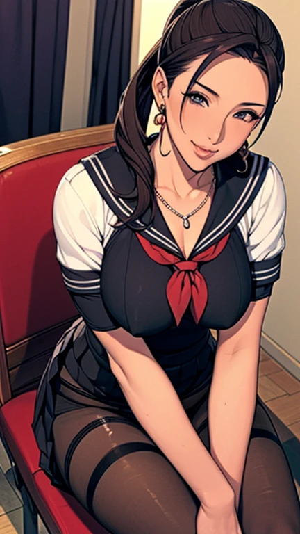 (((Highest quality))),(((High resolution))),((Correct Anatomy))、((Sailor suit))、(((Long Hair))),(((Highest quality))),(((Correct Anatomy))),(((school uniform)))、((((Black panties)))), ((Black Pantyhose)),((Pleated skirt)),((Fancy Lingerie)),((Black knee-high stockings)),((A shy smile)),(Tabletop, Highest quality, High resolution, , Pixel perfect, 4K,), (((Mature MILF)))、(One mature woman)、((Long Hair))、((ponytail))、I could see the whole body, Soft Breasts, Dynamic Angle, Perfect body, ((Earrings、necklace,Pleated skirt)),Office chair、sit