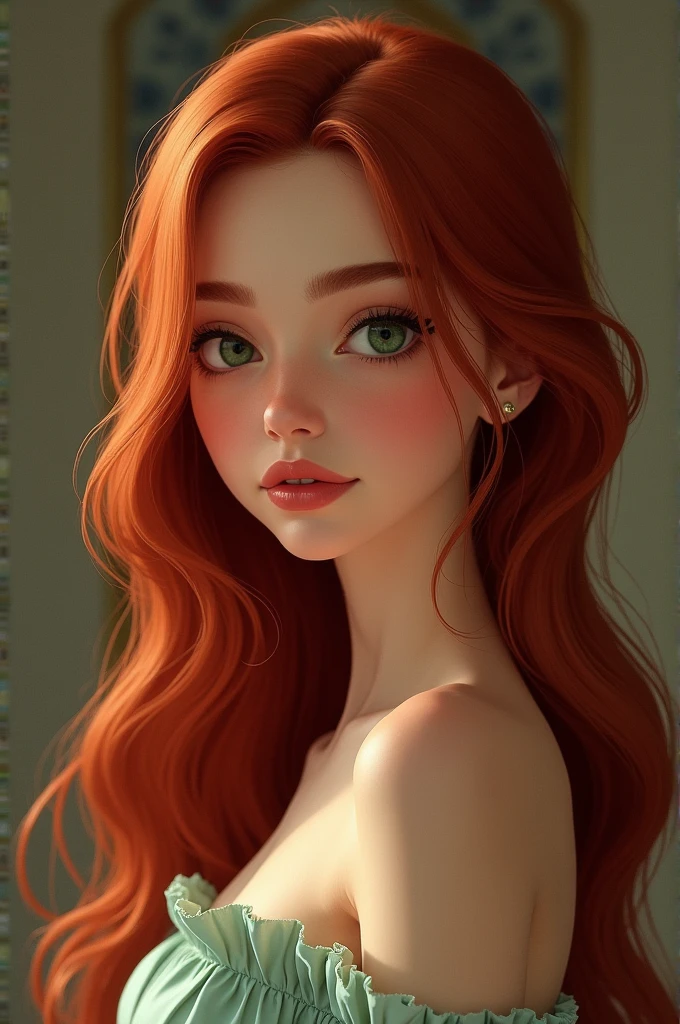Create a woman who is approximately 1m tall.,65 meters (5 feet 5 inches). With long, deep red hair, which is one of its most distinctive features. With clear skin and a slim figure. His eyes are a deep green color, and a facial expression that combines elegance with a strong and confident presence..