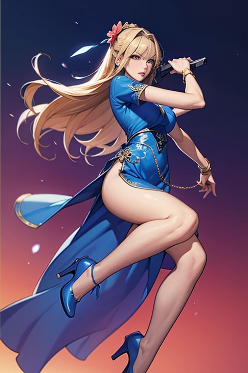 Highest quality,high resolution,comics,(Cel animation style),One woman,30 year old Asian female,(Long blonde hair),((Blue Chinese Dress)),((Blue heels)),((1 Holding a gun in each hand.6)),(Hibiscus hair accessory),(Beautiful face with slits 1.3)，(gold bracelets on both wrists),Beautiful Style,Slender body,(Large Breasts),((Night city background))