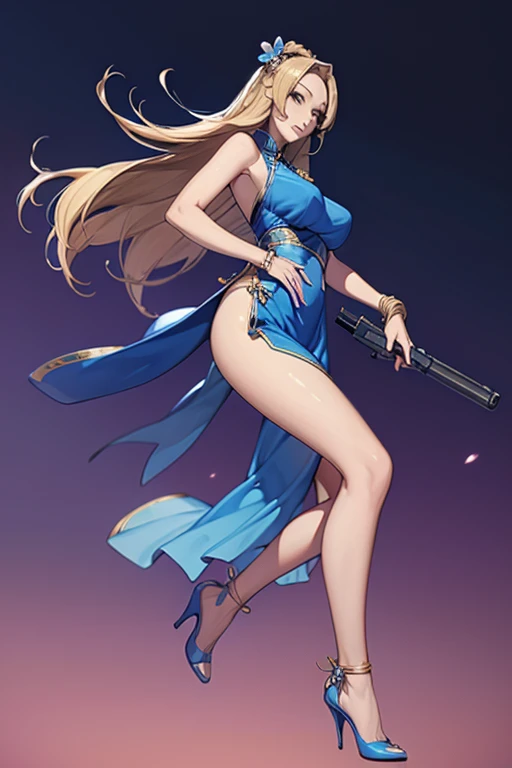 Highest quality,high resolution,comics,(Cel animation style),One woman,30 year old Asian female,(Long blonde hair),((Blue Chinese Dress)),((Blue heels)),((1 Holding a gun in each hand.6)),(Hibiscus hair accessory),(Beautiful face with slits 1.3)，(gold bracelets on both wrists),Beautiful Style,Slender body,(Large Breasts),((Night city background))