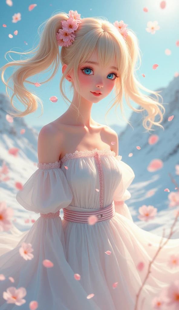 A shower of falling cherry blossoms, clear skies, a blanket of snow, a fresh breeze, a fluttering skirt, blonde twin-tails, blue eyes, a rich expression, a gentle smile, a stylish camisole, long striped socks, bright sunlight, a variety of feminine poses, wonderful depictions, an award-winning work.
