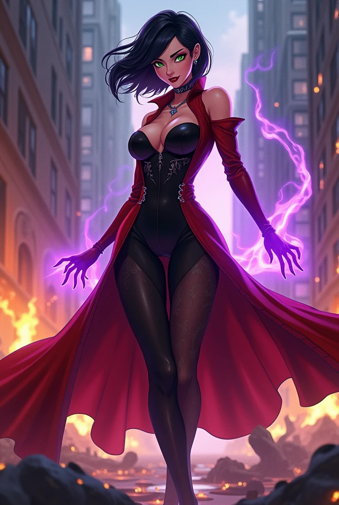 An anime style action pose of a Beautiful evil supervillain woman with short black  hair in a bob, green eyes filled with confidence, and red lips, a sadistic grin across her face.  She is wearing an expensive and silky red and black dress and radiating purple energy. Destroying, Evil wins, burning city, lots of bodies litter the ground.