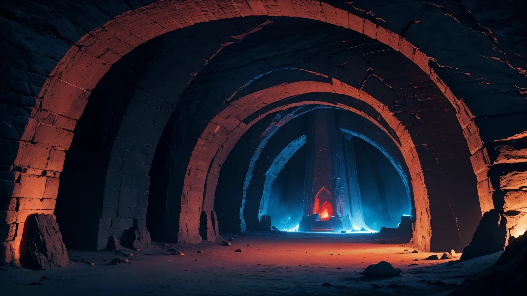 (masterpiece), (best quality), (The finest details), (General view from a distance), (Main colors: Dark Blue), (Secondary Color: Red), A cave with spells carved on it，unmanned，magnificent，dark，Red glow，Chamber of Secrets，Sacrifice，chain，night, shadow (detailed, Strong contrast)，