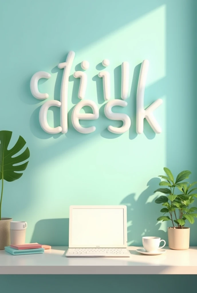A creative and minimalist image featuring the phrase 'chill desk' prominently displayed. The text is written in a smooth, modern font, with a calm and soothing color palette like pastel blues, greens, and soft neutrals. The background shows a simple, organized desk setup with a laptop, coffee cup, and a small plant, all bathed in soft, natural light. The overall vibe should feel relaxed and peaceful, encouraging a sense of productivity and tranquility.
