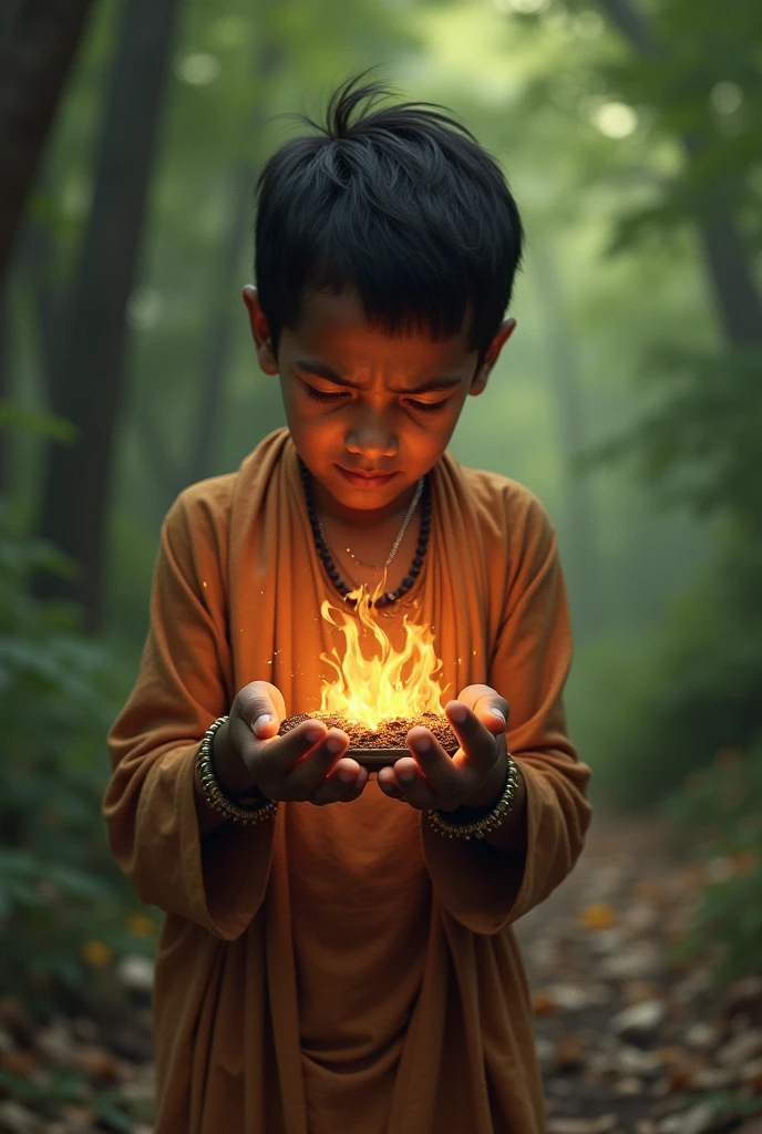 Burning Letter or Photograph: Someone Indian sadhu boy with forest view backgroundholding a letter or photograph that is being consumed by flames, representing broken memories or betrayal.