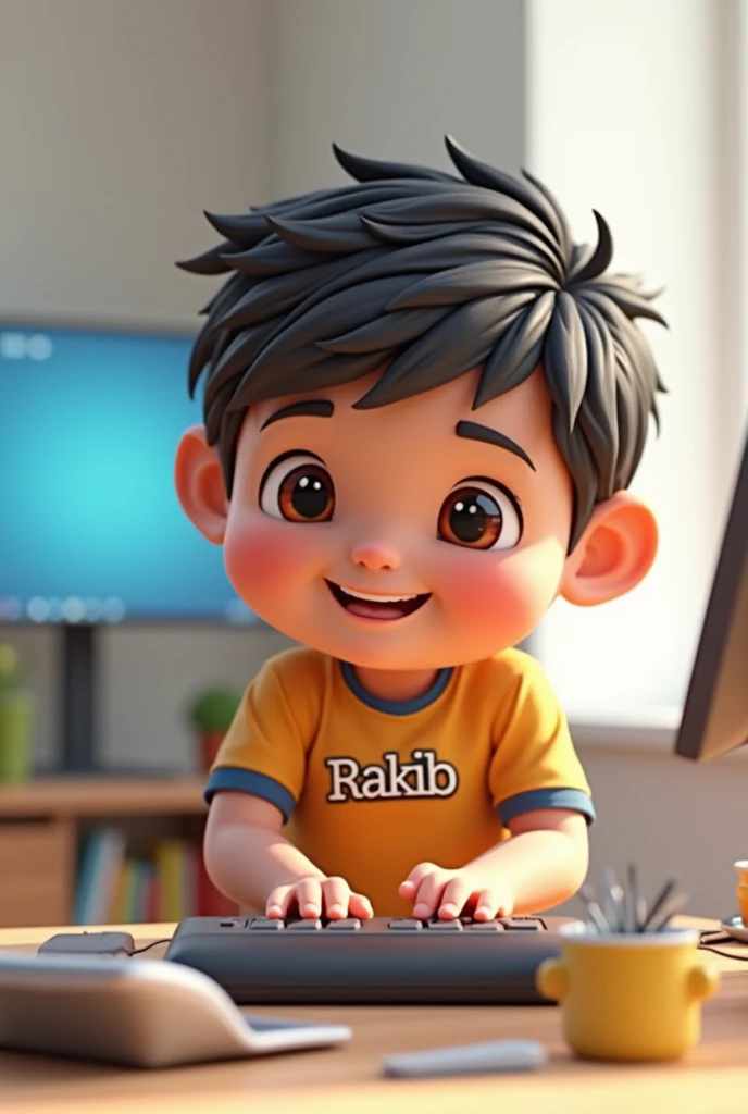 Create 3d animation character 2 boy using computer and his Jersey name rakib.